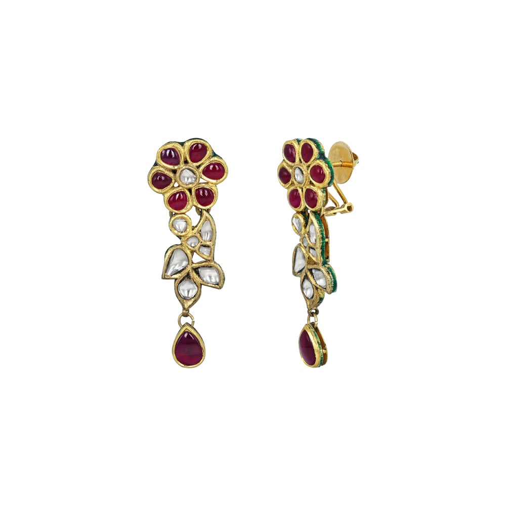 Floral Red Cabochon Earrings with Polki Diamonds and Teardrops